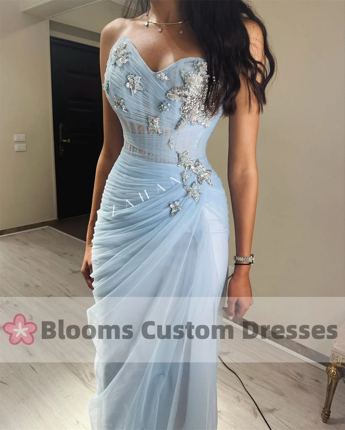 Blooms Water Blue Tulle Beaded Customized Evening Dresses For Special Occasion Saudi Pleat Party Gown Sleeveless Prom Dresses