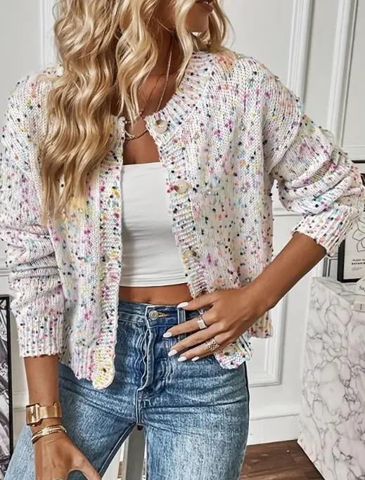 

Autumn and Winter Round Neck Colorful Jacquard Decorative Button Front, Women's Casual Long Sleeved Knitted Sweater Jacket