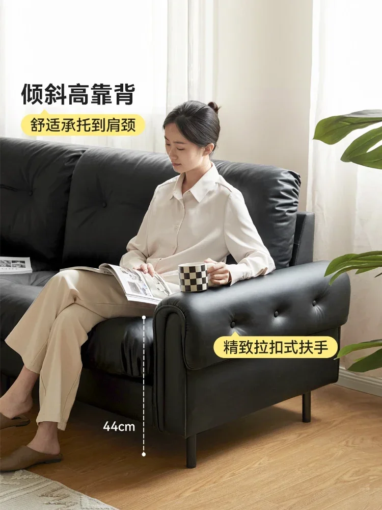 

Современный простой трехместный черный кожаный диван для небольшой квартиры, прямой ряд, мягкая сумка, диван