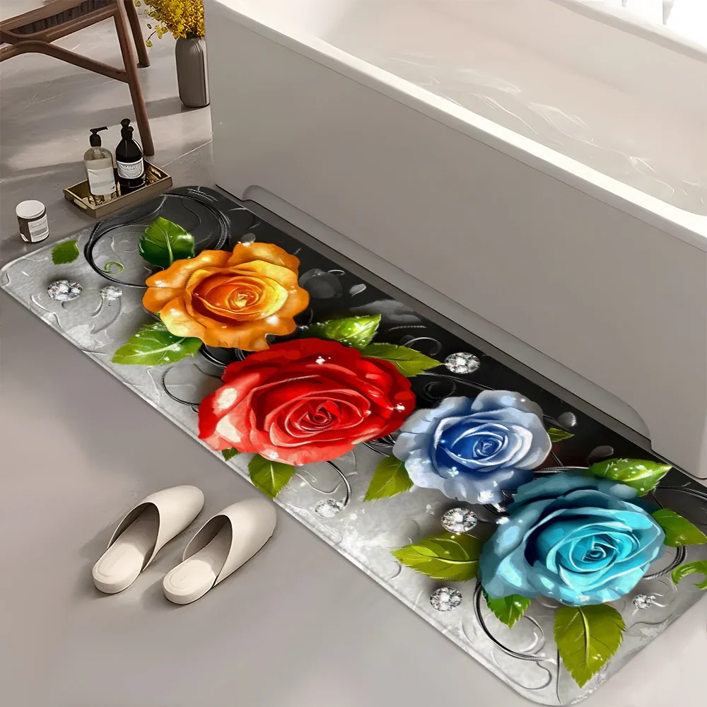 Glossy Silver Black Background Vibrant Multicolor Rose Crystal Leaf Runner Rug,washable mat for indoor bathroom home floor space