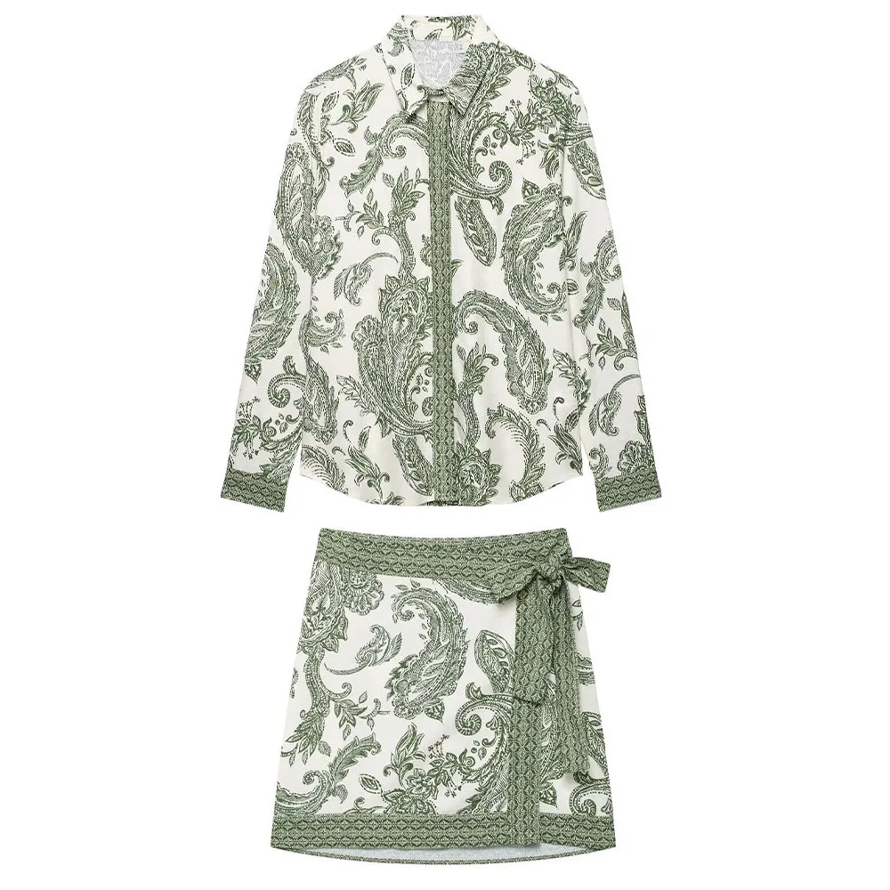 

TRAF & Women 2025 Spring New Fashion Lazy Style Joker Printed Long Sleeve Shirt Bow Asymmetric Casual Mini Skirt suit Mujer