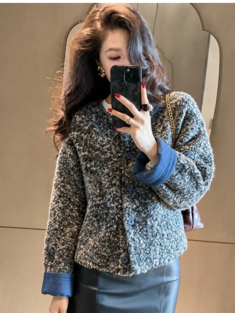 Lamb Fur Jacket Women's Thickened Short Style Cotton Clothes Spring Autumn Fashion Warm round Neck Long Sleeve Single Button