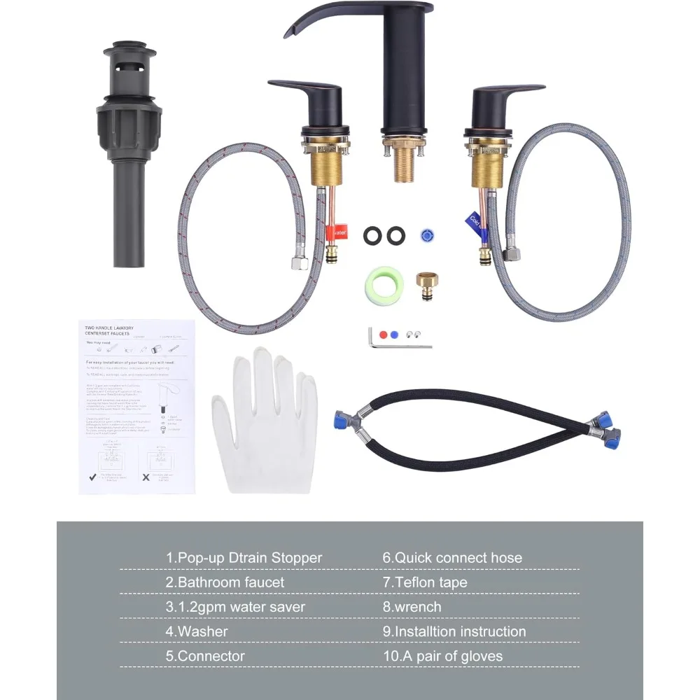 Grifo de baño de cascada generalizado de 3 orificios y 8 pulgadas, mezclador de lavabo de tocador de 2 manijas con drenaje y mangueras, bronce frotado con aceite