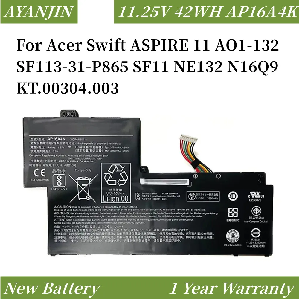 

AP16A4K 11.25V 42WH 3770mAh Laptop Battery For Acer Swift ASPIRE 11 AO1-132 SF113-31-P865 SF11 NE132 N16Q9 KT.00304.003