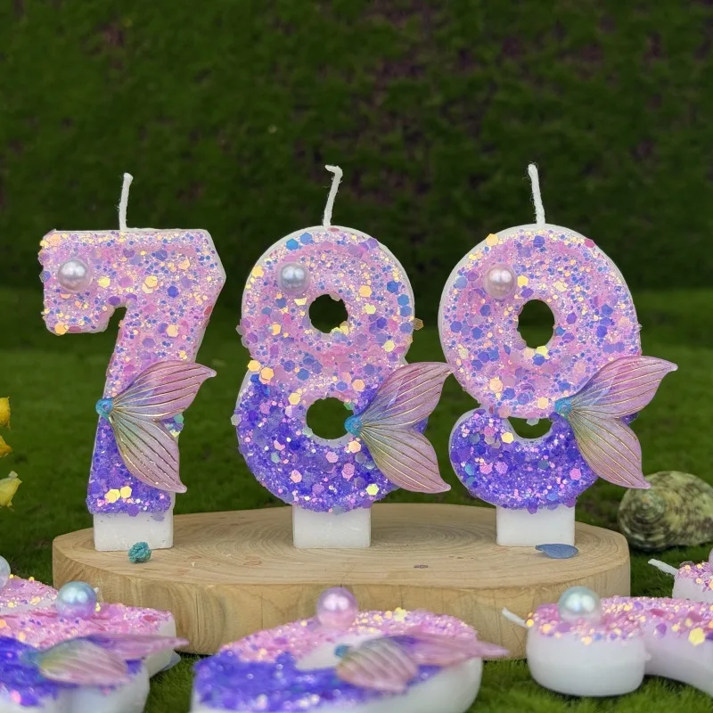 Purple Mermaid Tail Birthday Candles, 0-9 Candle for Anniversary Celebrations Supplies, Dreamy Themed Party Decorations for Girl