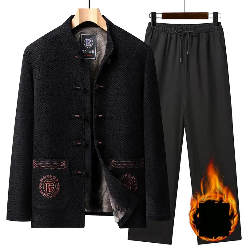 

Men's Winter Fleece-Lined Tang Suit Set - New Chinese Style Jacket & Pants with Frog Buttons, Thickened Warm Two-Piece Outfit