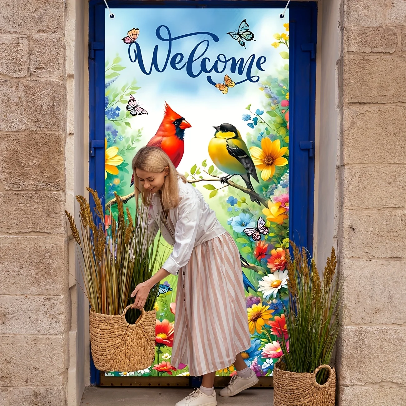 Spring Welcome Door Cover Spring Summer Bird Flower Door Banner Spring Easter Seasonal Welcome Door Decorations for Front Door