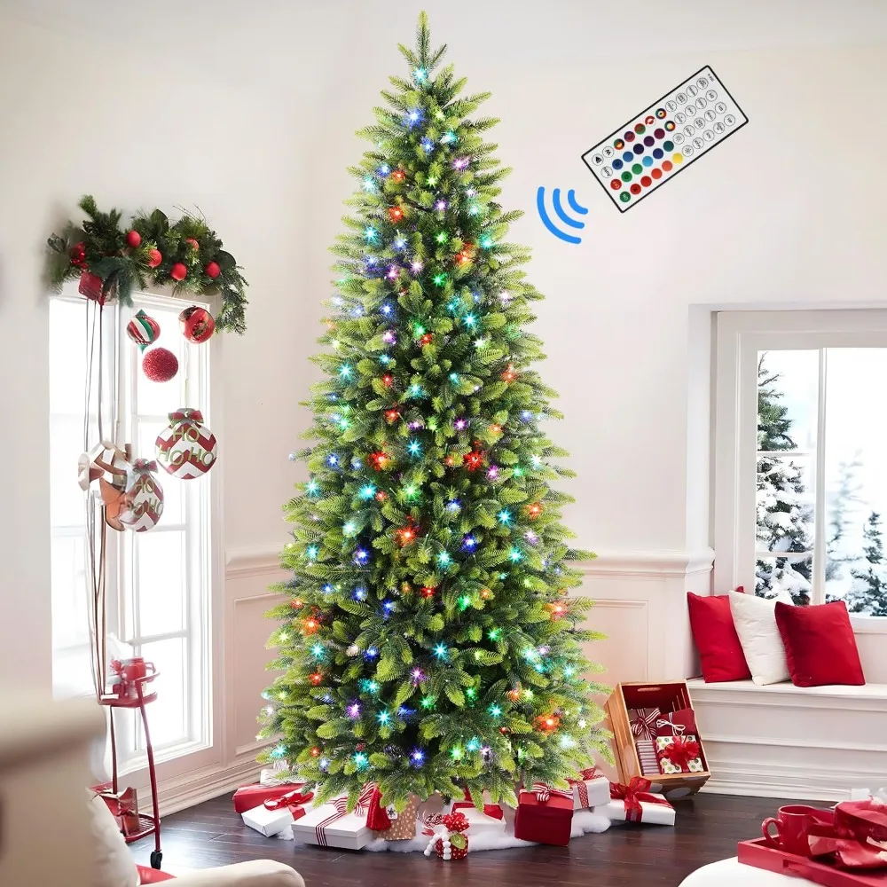 

6ft Prelit Artificial Hinged Pencil Christmas Tree with 300 Multi-Color Changing RGB Lights and 1600 PE & PVC Branch Ti