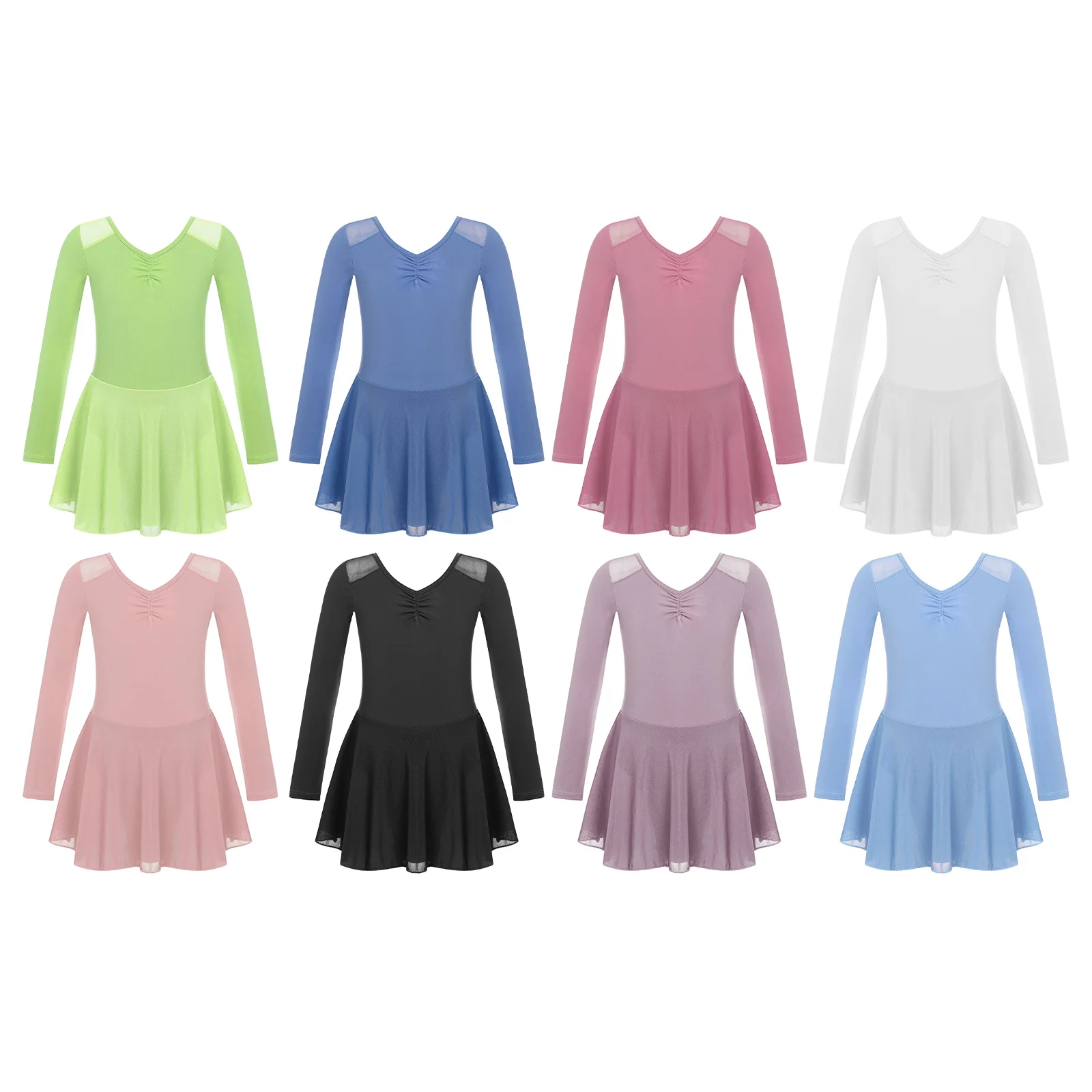 Kids Girls Ballet Dress Sheer Mesh Splice V-Neck Back Round Neck Long Sleeve Leotard Dresses Dancewear Dance Training Costume