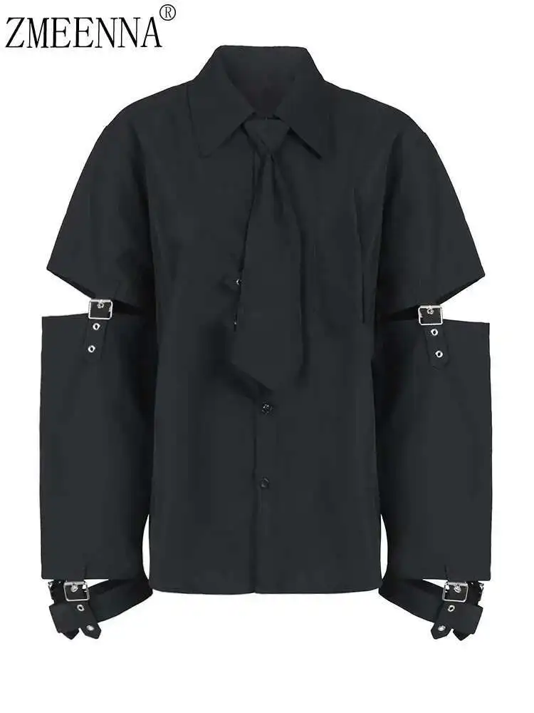

ZMEENNA Black Hollow Out Buckle Blouse Women Big Size New Lapel Long Sleeve Loose Fit Shirt Fashion Spring Autumn 2024 ZM150