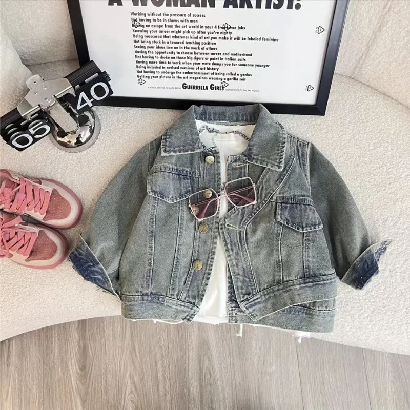 

Boys' Autumn Heavy Industry Cowboy Jacket 2025 New Style Girls' Retro Fashion Top Children's Boby Irregular Jacket