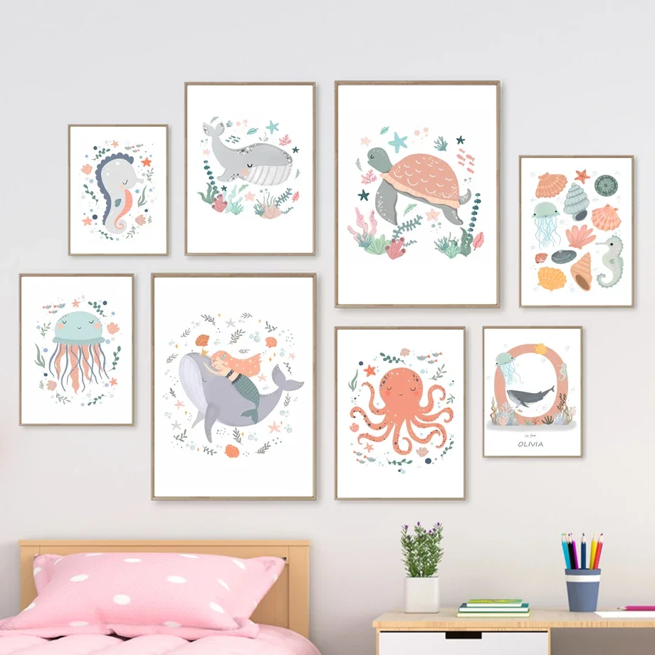 

Whale Mermaid Turtle Octopus Seahorse Custom Ocean Animal Poster Nursery Wall Art Prints Canvas Painting Picture Kids Room Decor