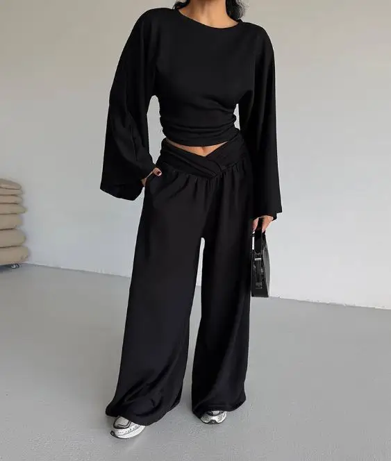 

2026 Elegant Autumn/winter Khaki Women's Outfit - Belted Flared Sleeve Top with Wide Leg Pants Set Casual Stylish Two-Piece Set