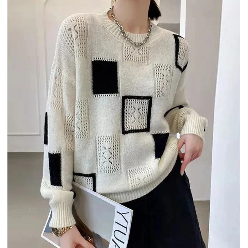 Womens Clothing Autumn and Winter Vintage Geometric Patchwork Knitted Sweater Casual Streetwear Pullover Tops Long Sleeve E47