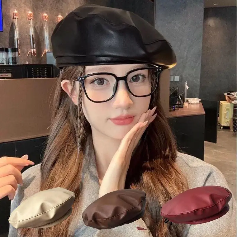 

Trendy Women Pu Leather Beret Street French Artist Beanie Hat Autumn Winter Vintage Plain Beret Cap Solid Color Elegant Bonnet