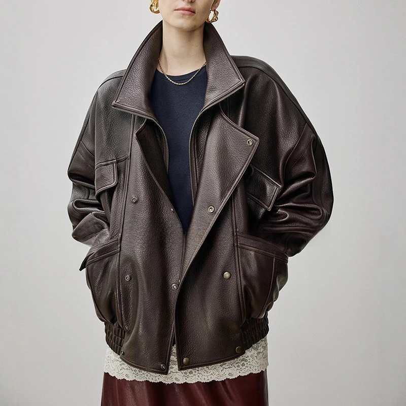 Brown Sheepskin Bubble Skin Coat Female Retro Double Layer Collar Double Breasted Zipper Loose Leather Jacket Winter Outerwear