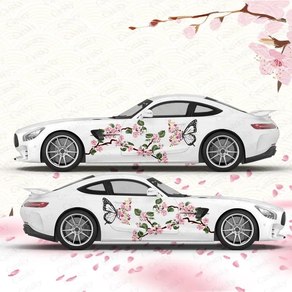 Flowers Love heart Anime Vehicle Livery Theme Plum Side Car Wrap Cast Vinyl Wrap Universal Size Premium Pink Anime Car Sticker