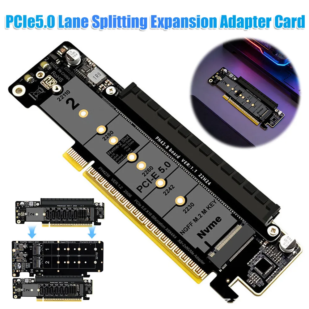 PCIe5.0 Lane Splitting Expansion Adapter Card M.2 NVMe Port Expansion Riser Card Compatible for Windows and Linux