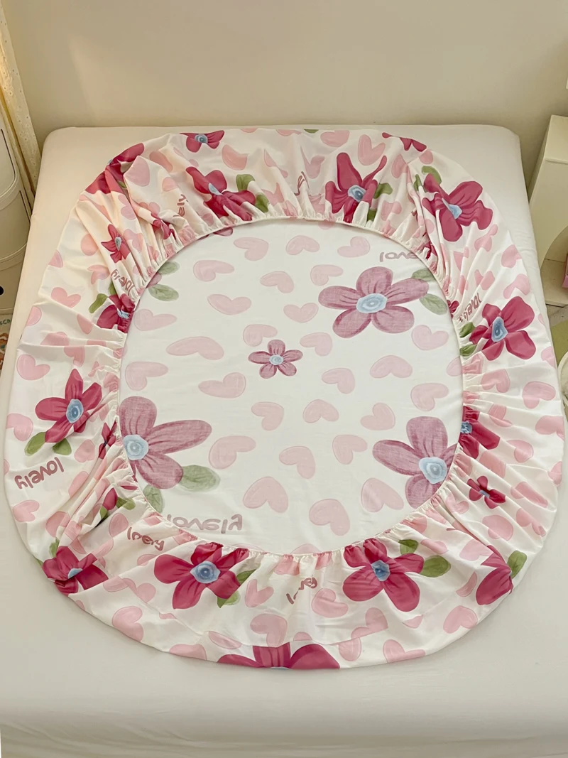 100%Pure Cotton Fitted Bed Sheet Sets with Pillowcase Flower Printing Bed Cover Single/Queen/King Size fundas de colchón Sheets