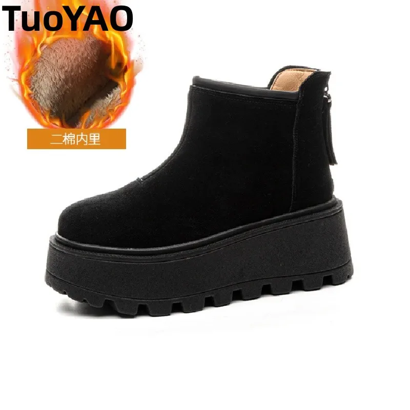 

8.5cm Suede Cow Genuine Leather Snow Boots Women Ankle Booties Platform Wedge Winter Plush Chelsea Boots Shoes for Women