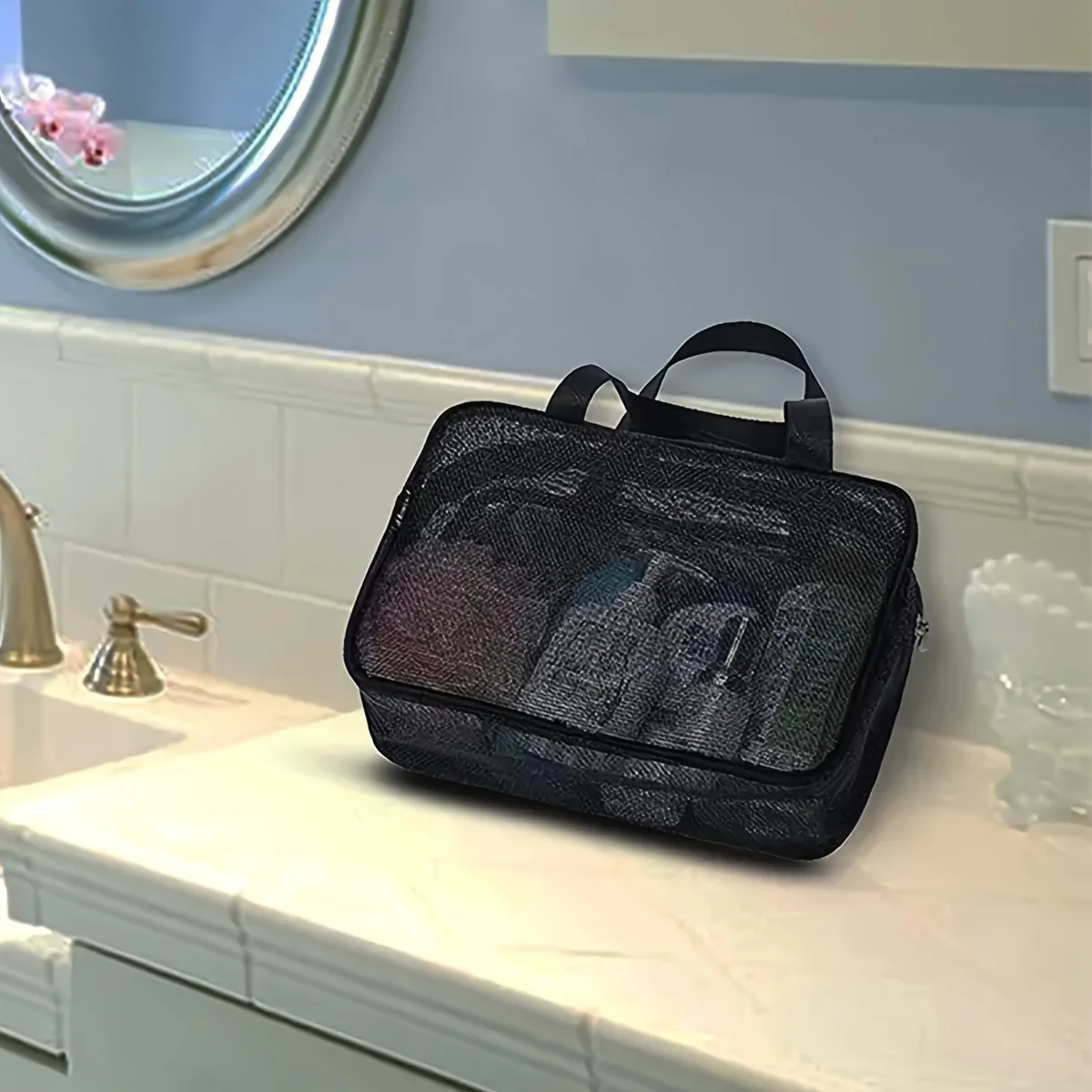 Mesh-Dusch-Caddy-Einkaufstasche, Kosmetik-Aufbewahrungstasche, multifunktionale Duschtasche, großes Fassungsvermögen, tragbarer Kulturbeutel-Organizer – Detail 8