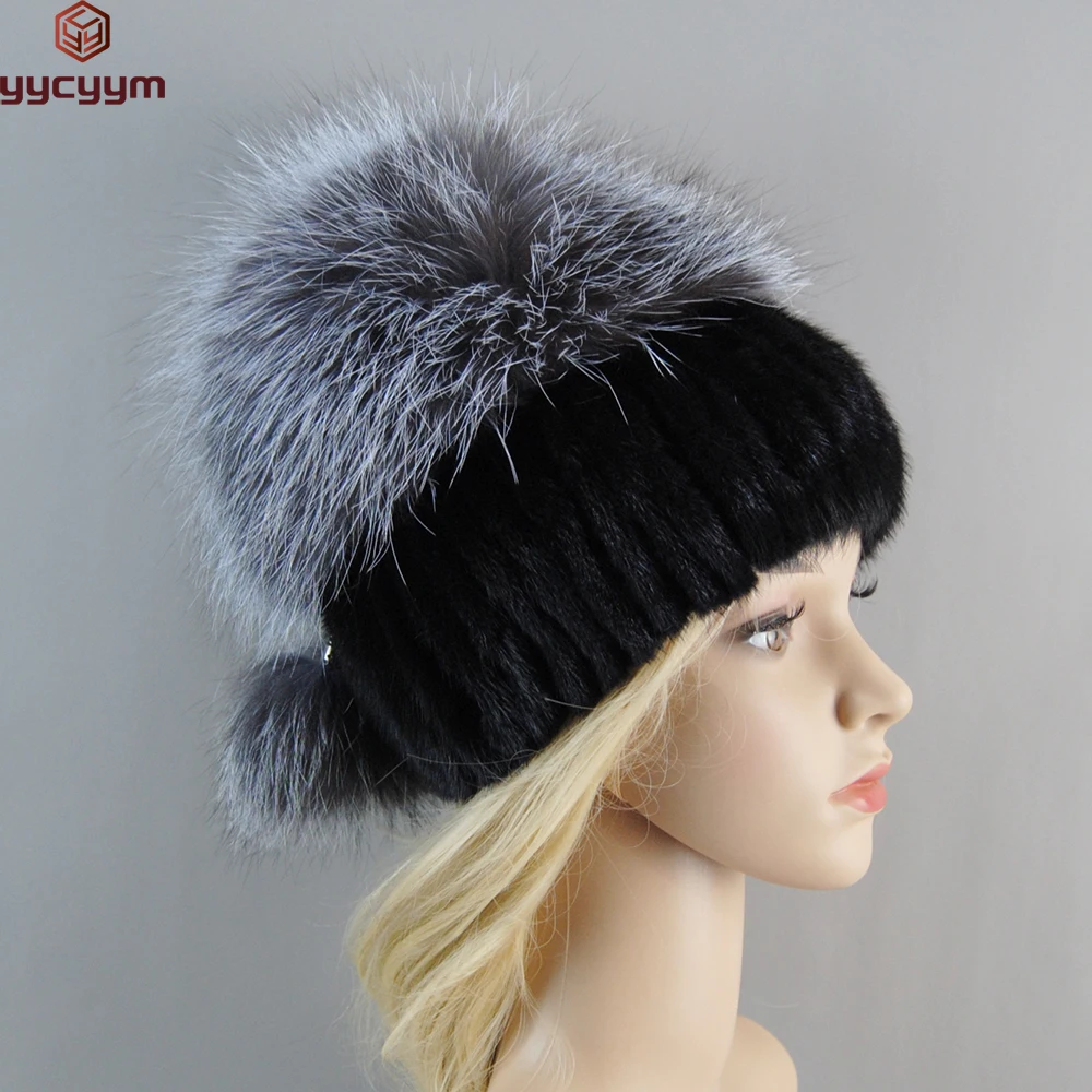 

Hand Knitted Women Real Mink Fur Bomber Hat Top Fox Fur Hats Luxury Natural Warm Fur Cap Lady Quality Elastic Real Mink Fur Caps