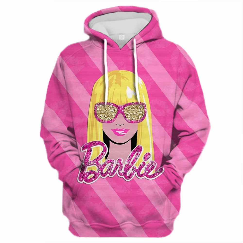 2024 years cartoon cute pink barbie princess elements spring and autumn new 3d print hoodie with rope ladies girls plus size top