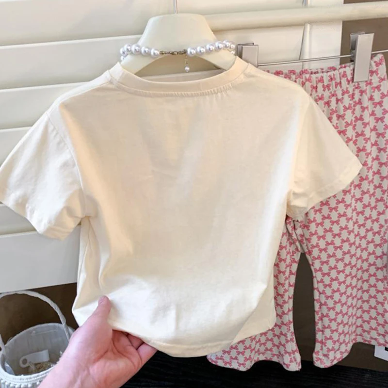 2Pcs Girls Clothes Sets Summer Kids Cartoon Bowknot Pattern Vest T-shirt + Print Wide Leg Pants Suits Baby Children Clothing image 2