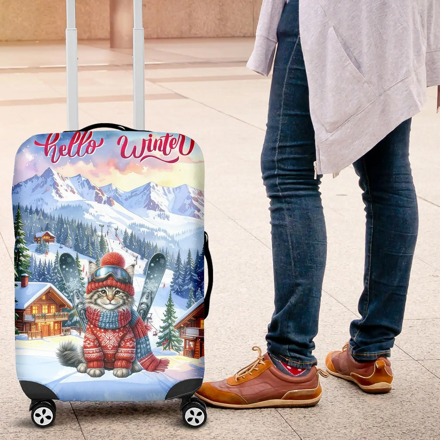 Hello Welcome Winter The Ski Maine Coon Snowy Day Travel Luggage Cover Cat Lover Kitten Owner Gifts Suitcase Dust Protective