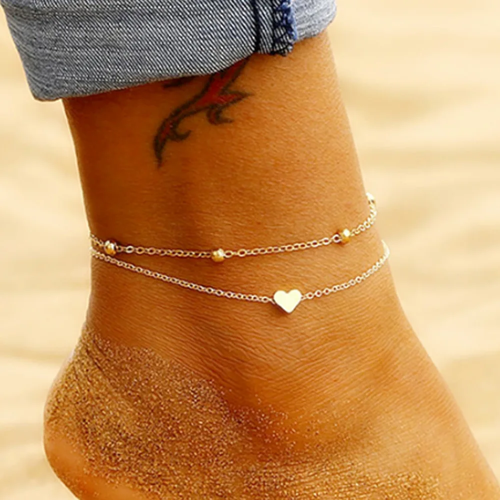 New Fashion Gold Color Heart Anklet Multilayers Adjustable Anklet for Women Summer Bracelet on Foot Beach Party Leg Chains