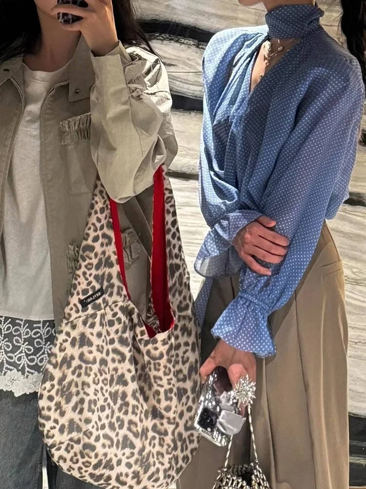 Ribbon V-Neck Blue Polka Dot Shirt For Women'S 2025 Spring/Summer French Style Unique Temperament Top