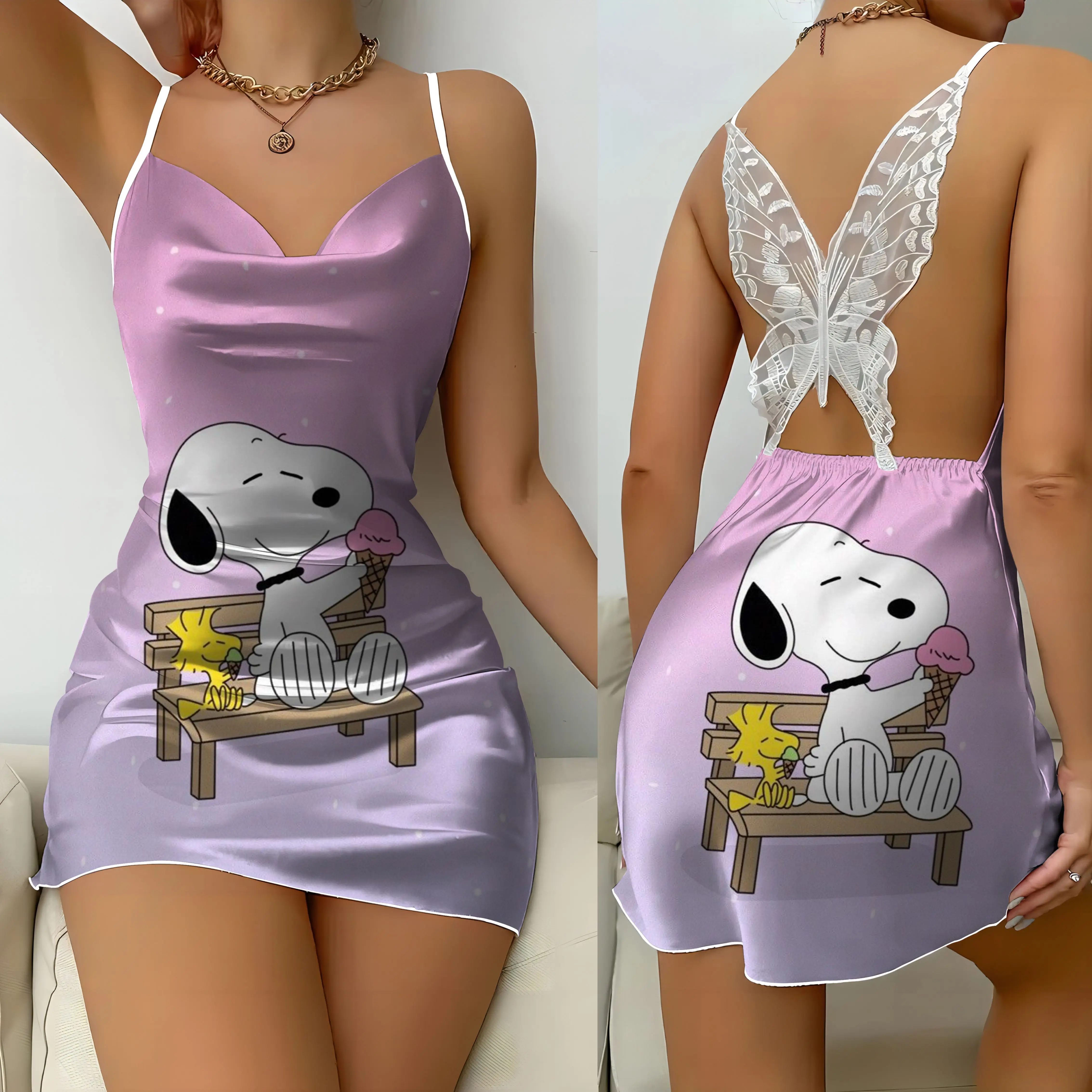 

Bow Knot Slip Dress Satin Surface Sexy Dresses Pajama Skirt Snoopy Kawaii Women's Clothing Summer 2024 Trend Womens Fashion Mini