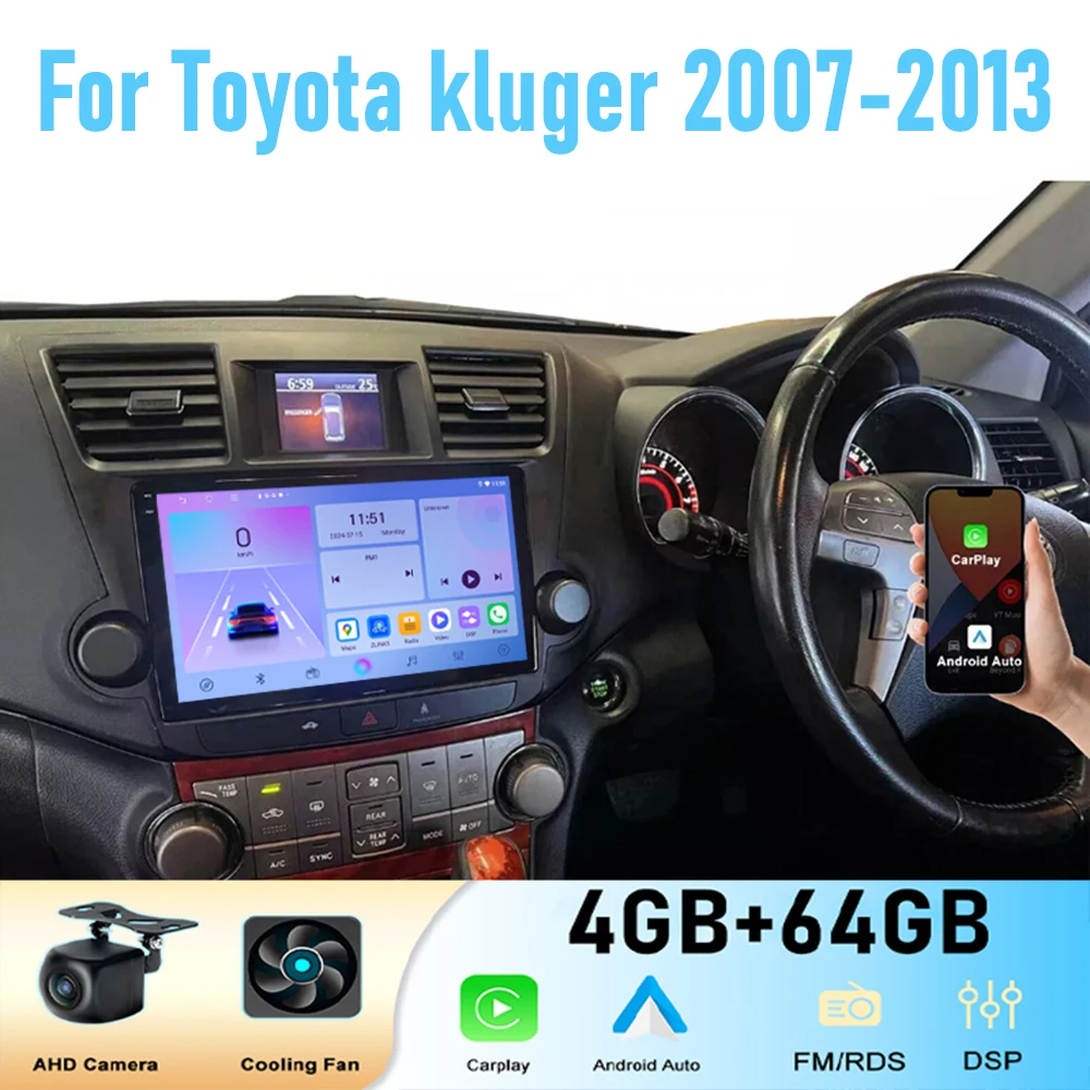 10''For Toyota Kluger 2007-2013 Car Radio Stereo Wireless Apple Carplay Android 15 Auto Gps Camera Google Map Head Unit WIFI