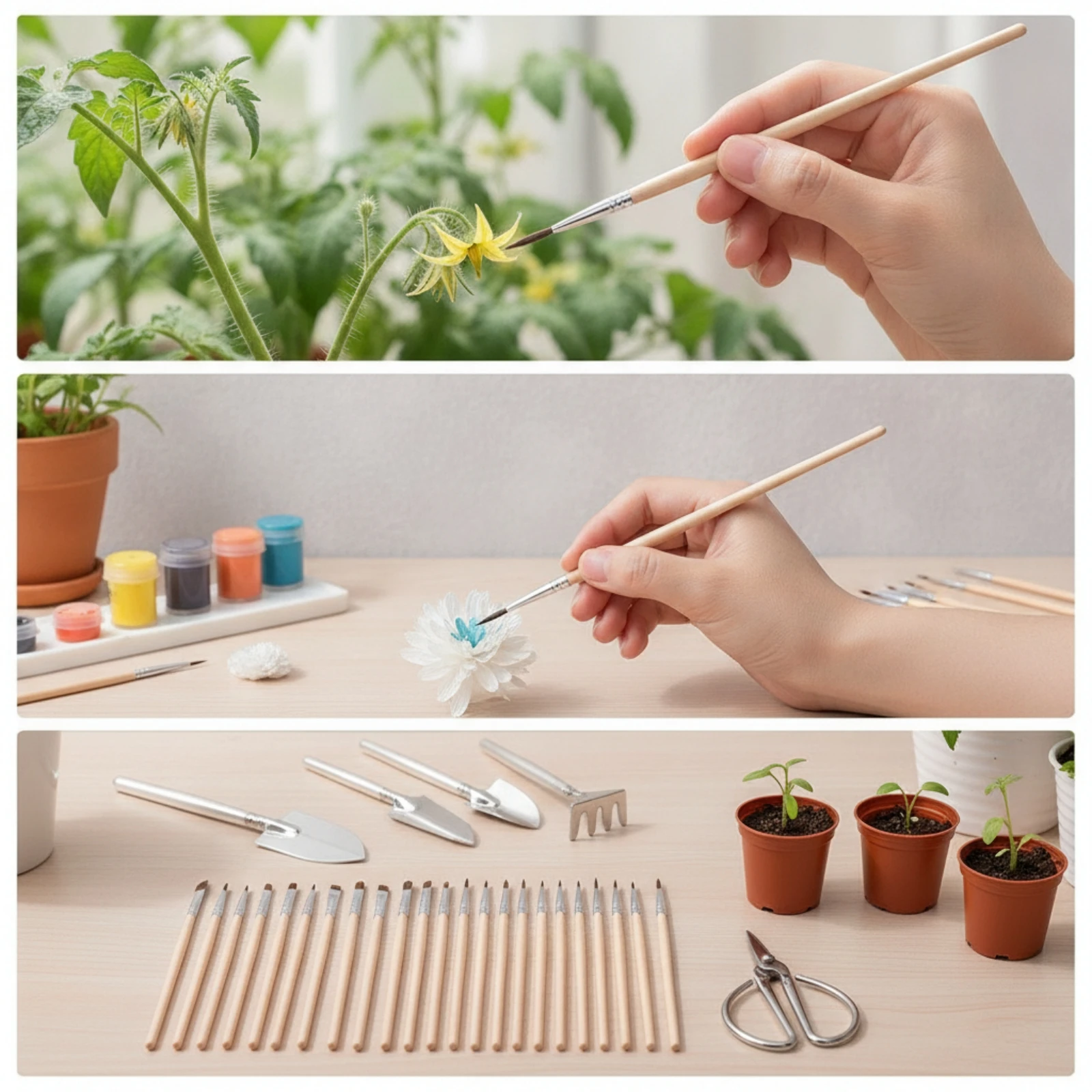 12 Pieces Pollination Brush with Wooden Handle Straight Pollination Brush Plant Pollinator Reusable Flower Pollinating Tool Soft