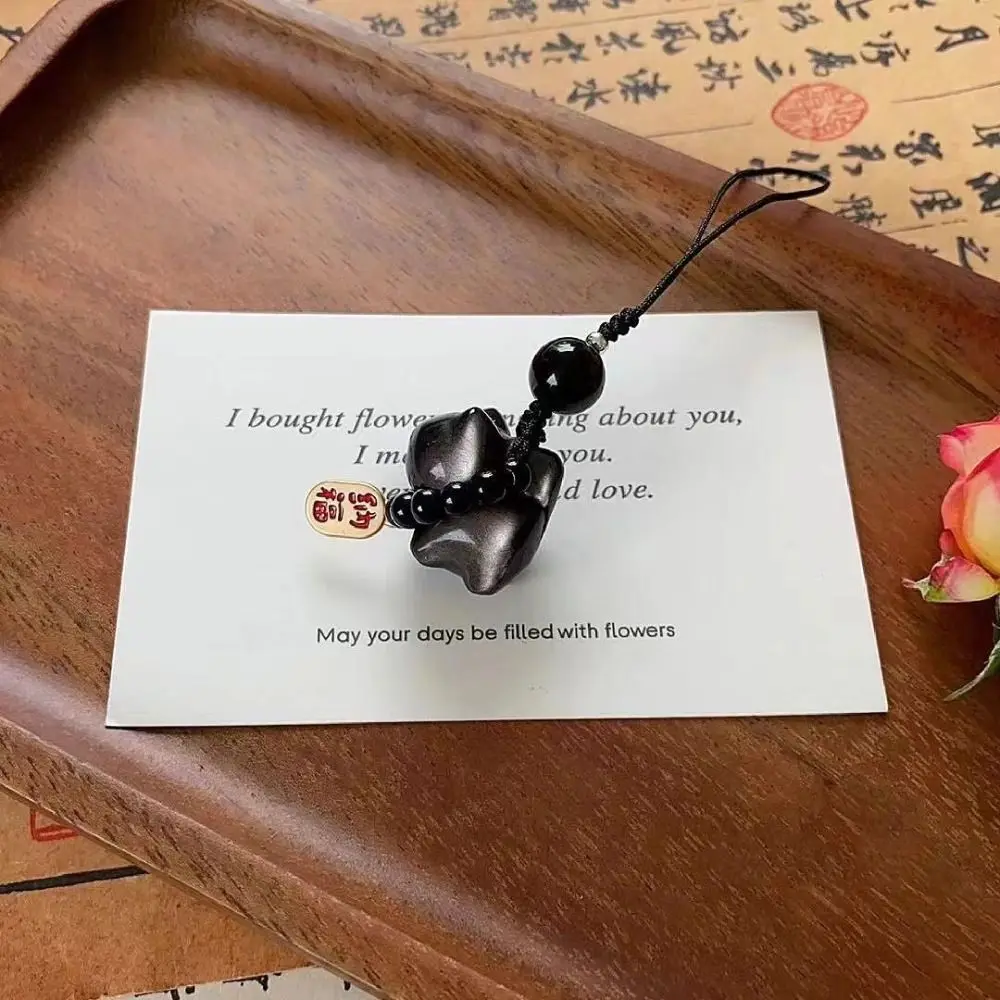 

Silver Obsidian Cat Lucky Cat Keychain Bag Charms Weave Rope Stone Braid Rope Pendant Ornament Hanging Car Key Ring Gift