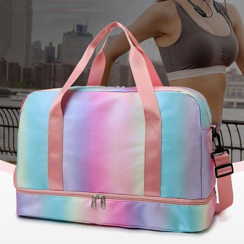 Rainbow Women Gym Bag Travel Fitness Bags for Shoes Outdoor Shoulder Sports Student Bag Daily Dry Wet Handbags Duffel Yoga Bag