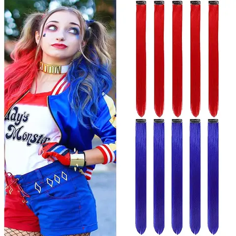 Extensiones de cabello sintético de 10 piezas, Clip rojo y azul en SOlldag, reflejos de fiesta de colores, postizo recto para niños, niñas y mujeres