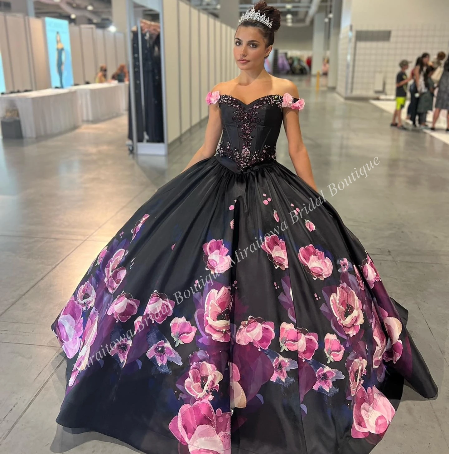 Black Pink Quinceanera Dress 2024 Print Floral 3D Flowers Charro Mexican Quince Sweet 15/16 Birthday Party Gown for 15th Girl