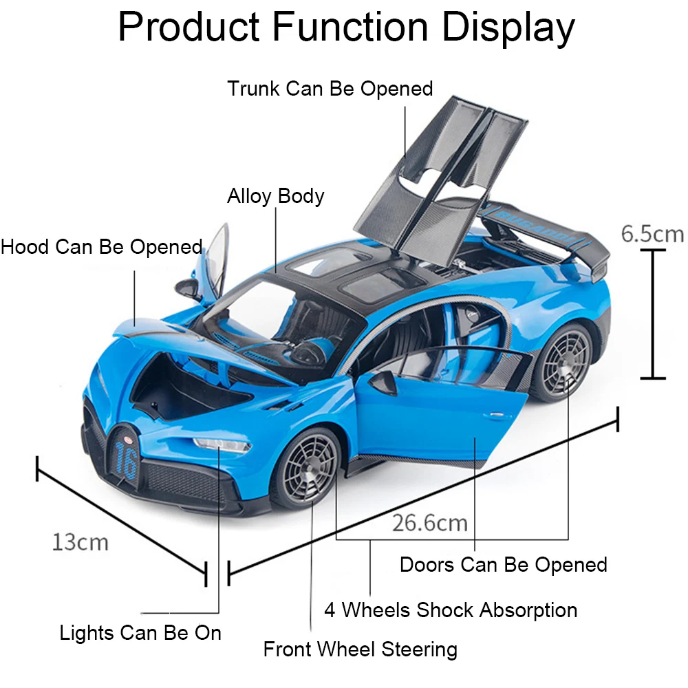 1:18 Schaal XE SV Project 8 Chiron Speelgoedmodel Autodeuren Geopend Geluid Licht Trek Sportwagens Schokabsorptiemodellen voor jongens