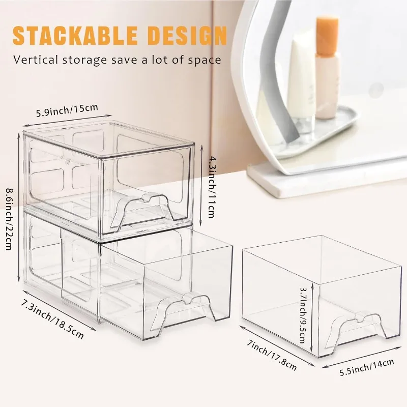 6 Pack Stackable Makeup Organizer, 4.4'' Tall Acrylic Bathroom Makeup Organizer and Storage Drawer with Pull-out Handle, Clear