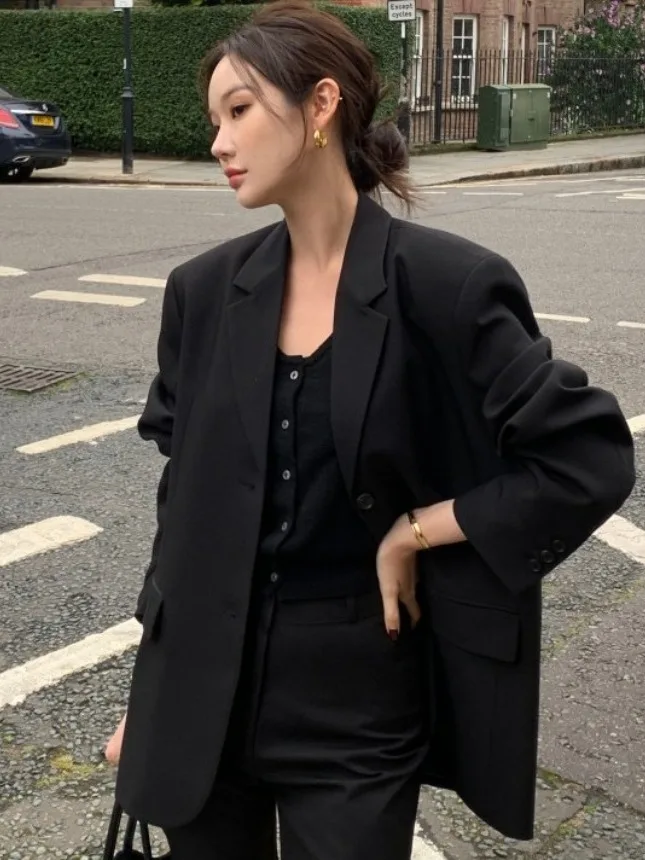 

Chic Autumnal Loose Fit Pure Color Long Sve Women's Suit Jaet Ba Button Design Versatile Casual High-End Feeling
