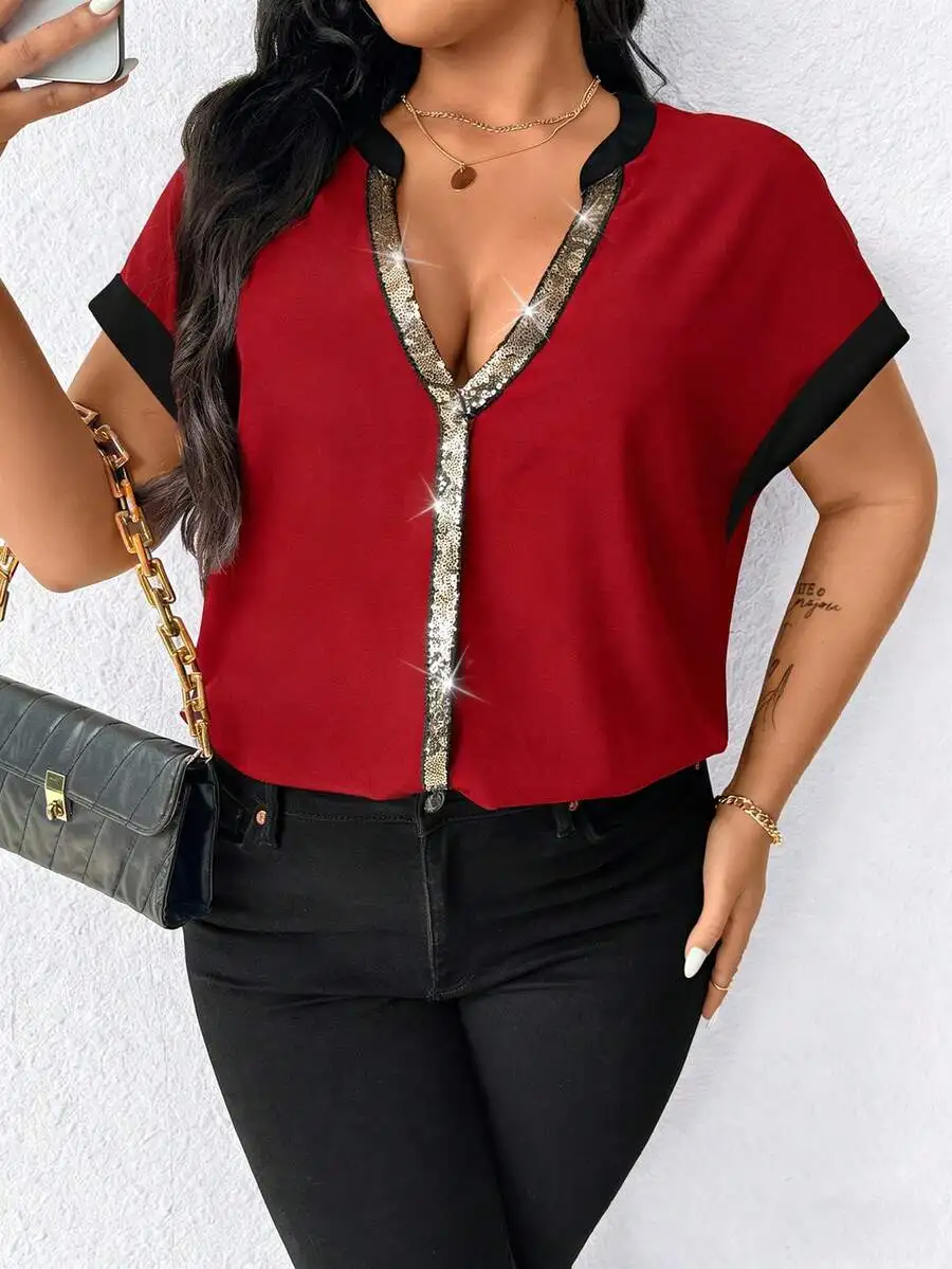 Blusa de manga corta con cuello en V para mujer, talla grande, top informal con lentejuelas rojas