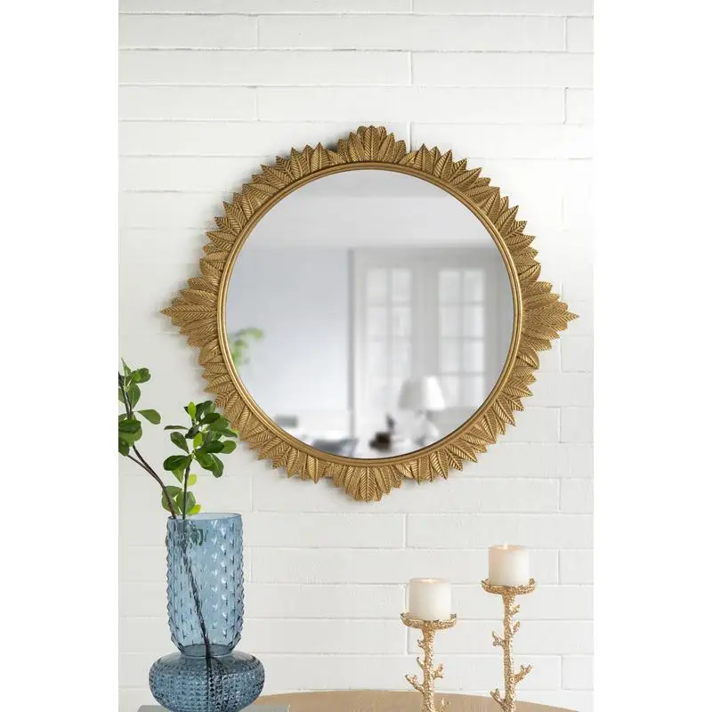 

35.5x31.5 Round MDF Wall Mirror with Ornate Gold Frame - Elegant Decorative Mirror for Home Decor and Living Spaces
