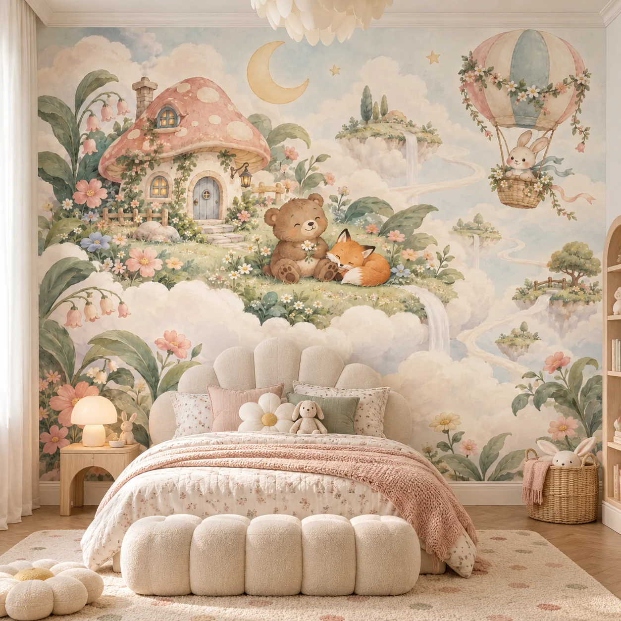 Mushroom House Wall Mural Cute Watercolor Fairytale Animals Hot Air Balloon Nursery Wallpaper for Kids Bedroom Non Self Adhesive