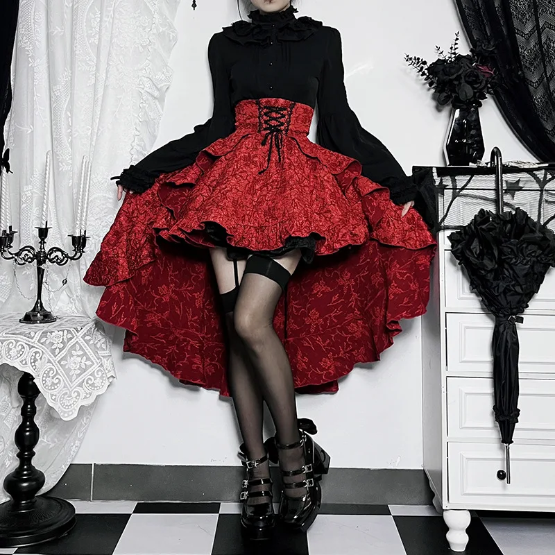 Gothique Sle médiéval rétro asymétrique taille haute jupe loween rouge et Bla taille cintrée Lolita Dr jupe