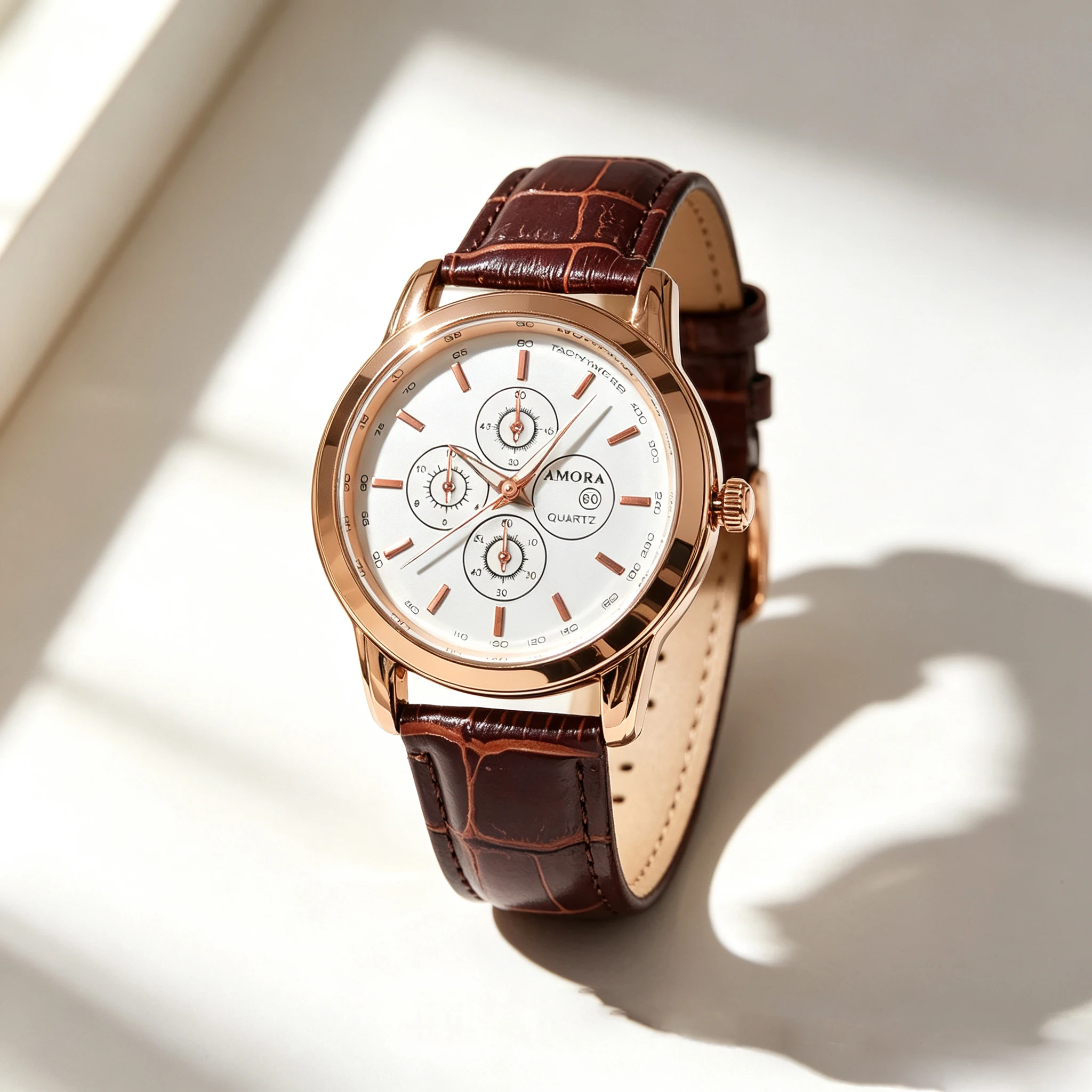 New round brown leather watch with luminous quartz and water-resistant function. Suitable for men's fashionable and versatile ti