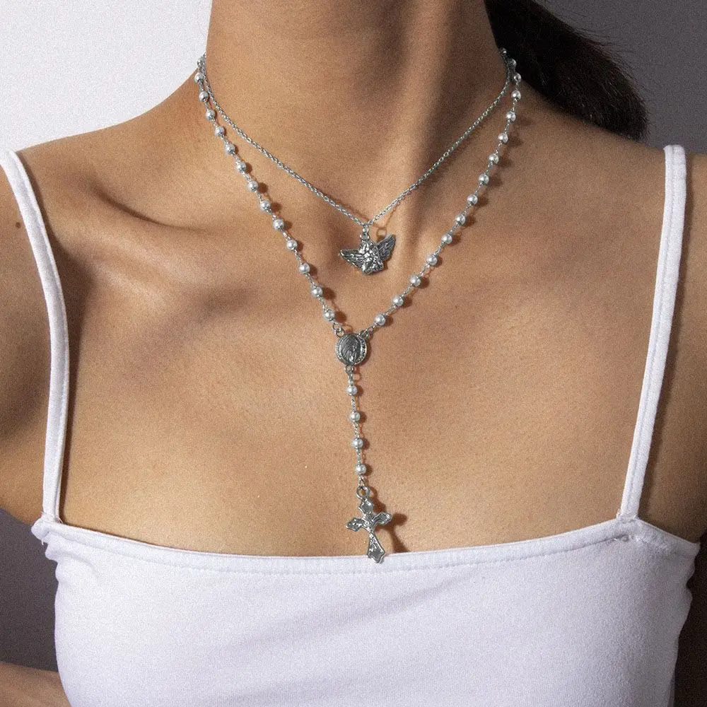 الوردية عملة يسوع المختنقون شرابة طويلة Collares قلادة القلائد الإكسسوارات سلسلة الترقوة مجوهرات