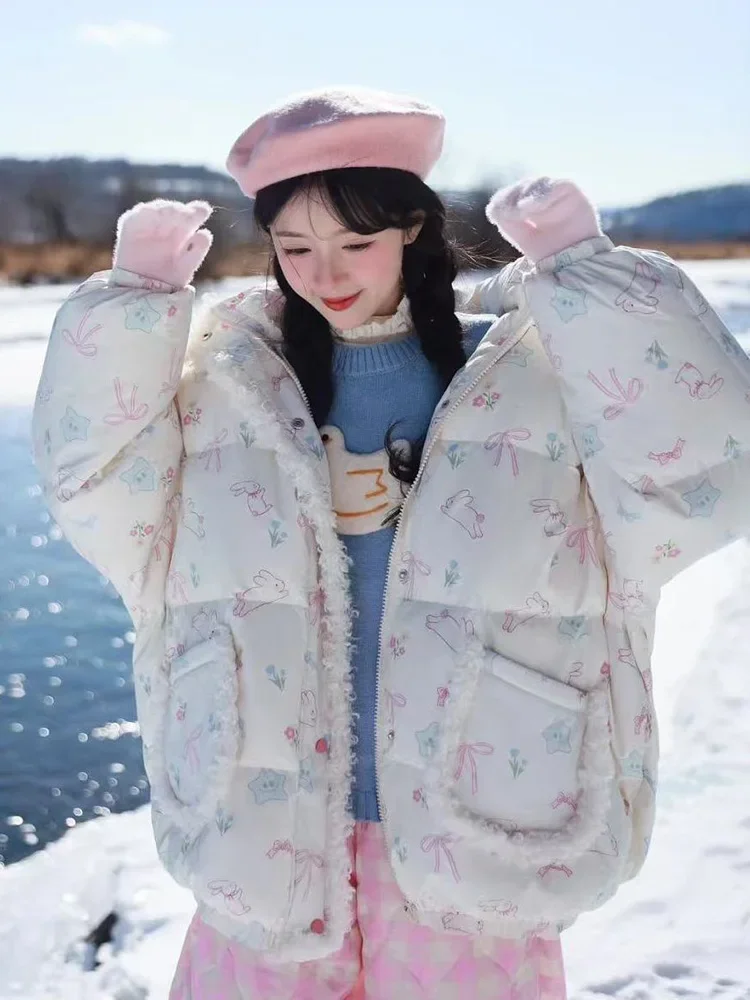 Japan Cartoon Kawaii Hooded Parkas Women Loose Sweet Preppy Style Chic Puffy Coat Winter Warm Female Long Sleeve Cute Jacket New