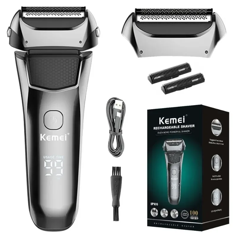Kemei Face Beard Electric Razor Washable Wet & Dry Electric Shaver for Men Rechargeable Head Bald 3-Blade Shaving Machine System