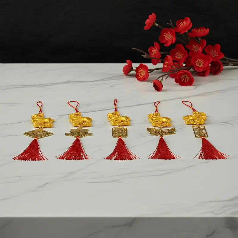Red Tassels Auspicious Year of Goat Hanging Ornament Golden Plated for Spring Festival Window Home Decor
